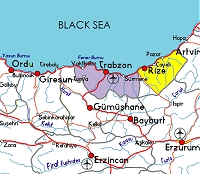 Map showing Trabzon and Rize